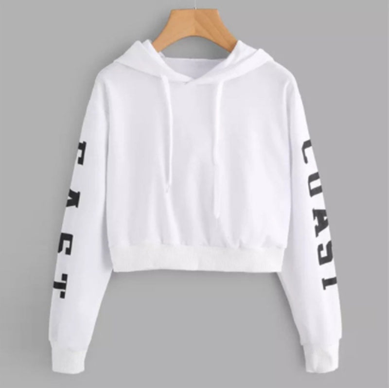 Hooded Short Letter Print Long-sleeve Cropped Sweatshirt