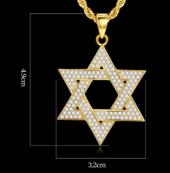 Diamond-encrusted Star Of David Titanium Steel Necklace Solomon Seal Hexagram Necklace