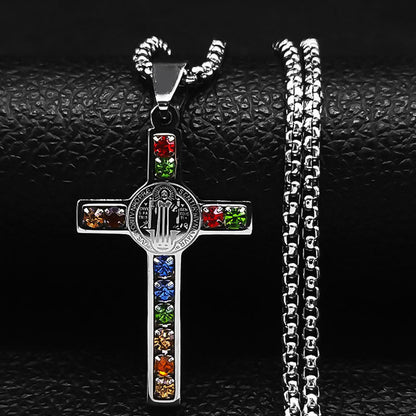 St Benedict Crystal St Pendant Cross Stainless Steel Necklace