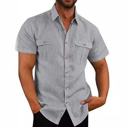 Men's Shirt Double Pocket Cotton Linen Short Sleeve Shirt