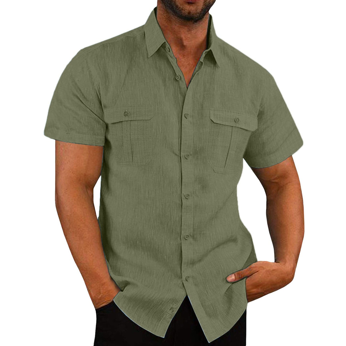 Men's Shirt Double Pocket Cotton Linen Short Sleeve Shirt