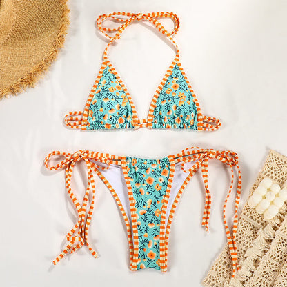 Split Swimsuit Printing Color Contrast Strap Sexy Bikini