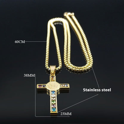 St Benedict Crystal St Pendant Cross Stainless Steel Necklace