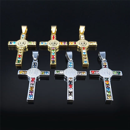 St Benedict Crystal St Pendant Cross Stainless Steel Necklace