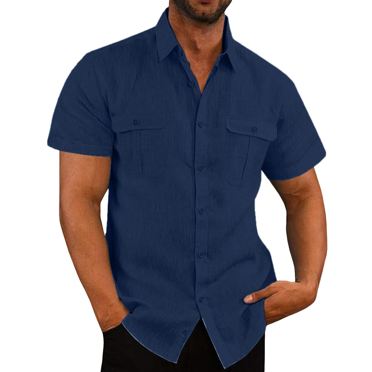 Men's Shirt Double Pocket Cotton Linen Short Sleeve Shirt