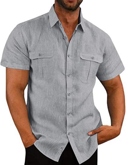 Men's Shirt Double Pocket Cotton Linen Short Sleeve Shirt