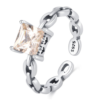 Ins Trendy Vintage Chain Sterling Silver Personalized Cold Style Twisted Opening Gem Ring