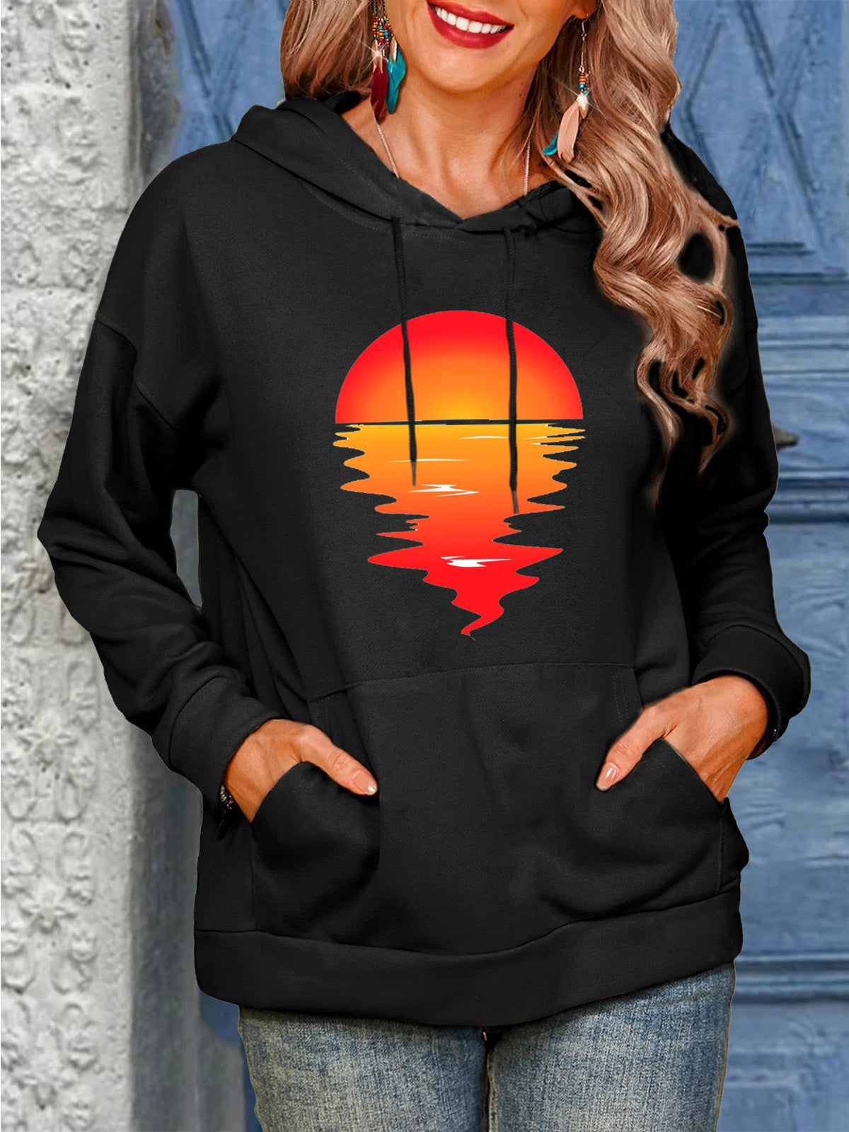 Sun Pattern Printing Hoodie With Drawstrings Sweaters Women's Clothing