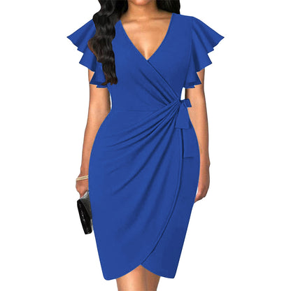 V-neck Tight Waist Pleating Bell Sleeve Sheath Dress Women