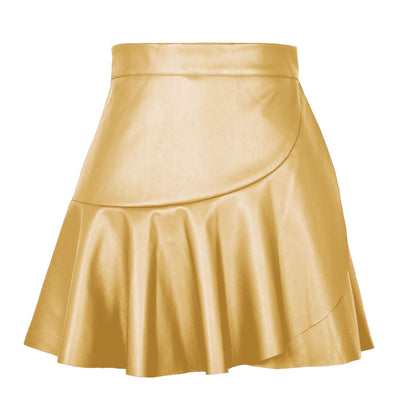 Women's High Waist Ruffles Irregular Leather Skirt