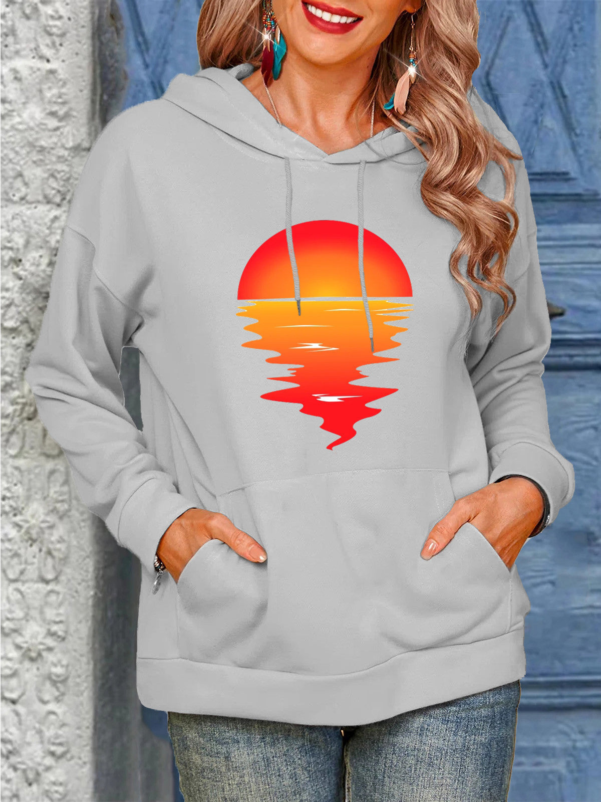 Sun Pattern Printing Hoodie With Drawstrings Sweaters Women's Clothing