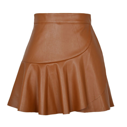 Women's High Waist Ruffles Irregular Leather Skirt