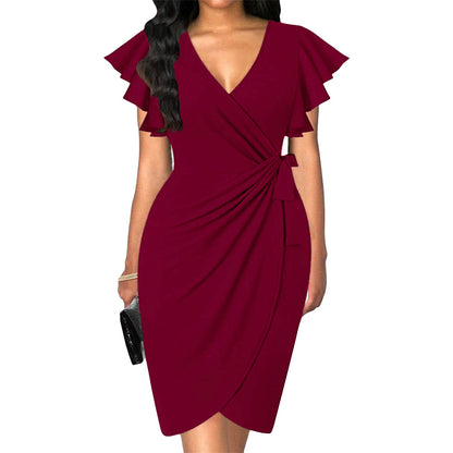 V-neck Tight Waist Pleating Bell Sleeve Sheath Dress Women