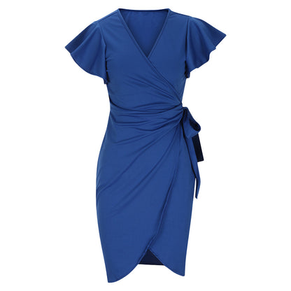 V-neck Tight Waist Pleating Bell Sleeve Sheath Dress Women