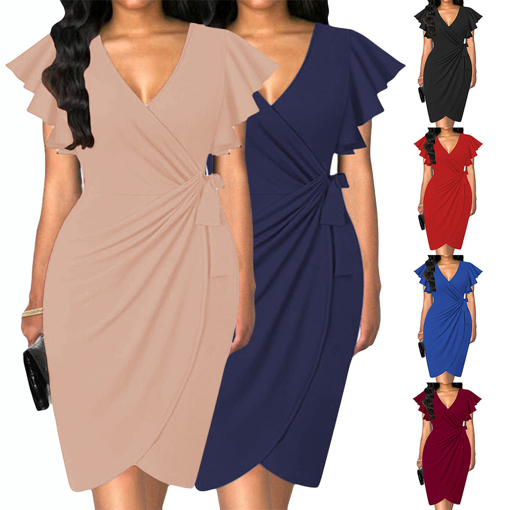 V-neck Tight Waist Pleating Bell Sleeve Sheath Dress Women