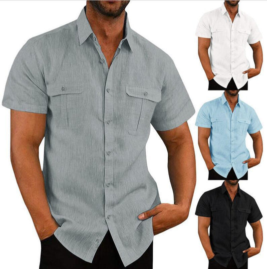 Men's Shirt Double Pocket Cotton Linen Short Sleeve Shirt