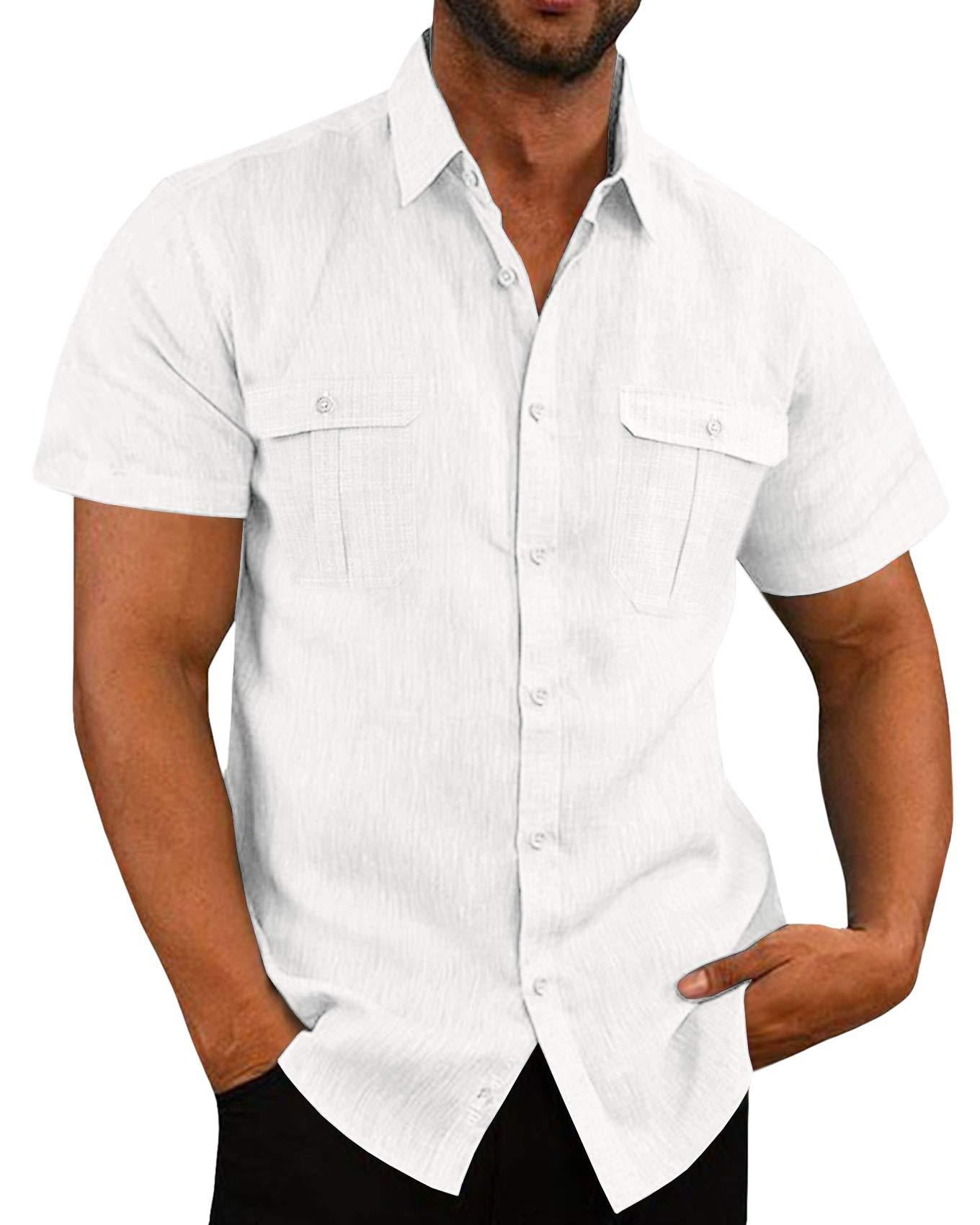 Men's Shirt Double Pocket Cotton Linen Short Sleeve Shirt