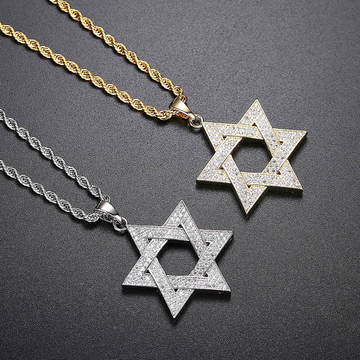 Diamond-encrusted Star Of David Titanium Steel Necklace Solomon Seal Hexagram Necklace