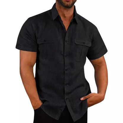 Men's Shirt Double Pocket Cotton Linen Short Sleeve Shirt